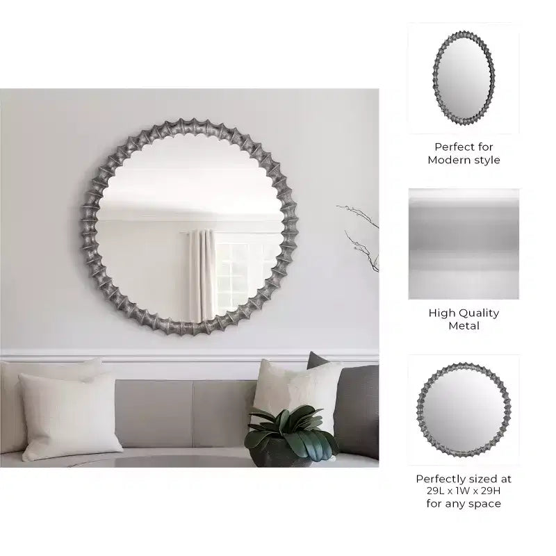 Specchio moderno rotondo da parete con cornice decorativa in metallo - Specchio accentato in vetro per casa, ufficio, camera da letto, soggiorno - Finitura metallica - 29 Argento