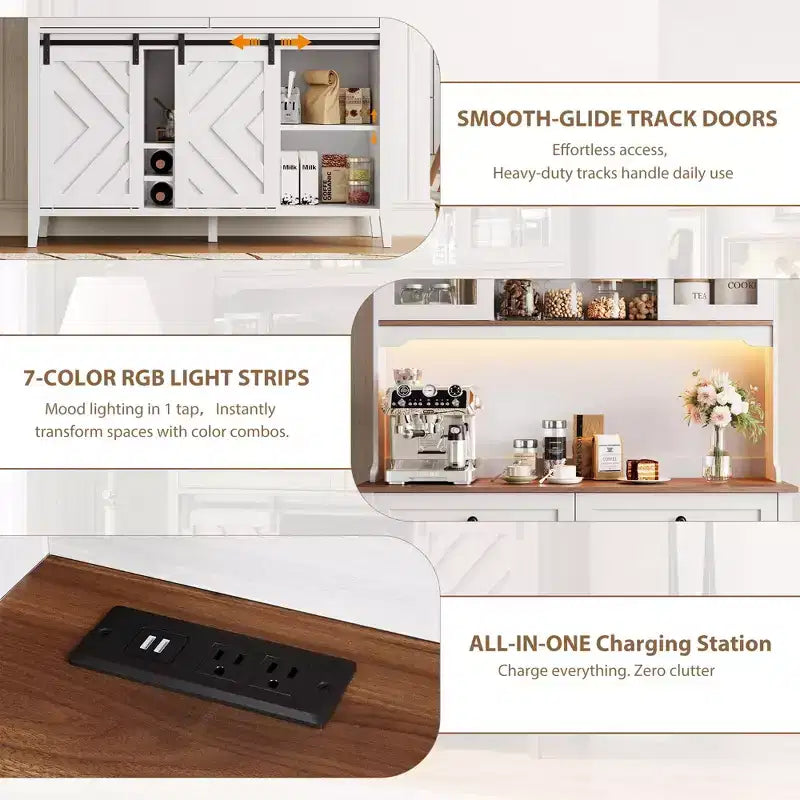 Mobile dispensa da cucina alto 183 cm, Credenza indipendente con ante scorrevoli a fienile e 2 cassetti, Mobile bar in legno per soggiorno e cucina