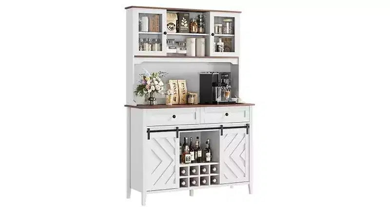 Mobile dispensa da cucina alto 183 cm, Credenza indipendente con ante scorrevoli a fienile e 2 cassetti, Mobile bar in legno per soggiorno e cucina