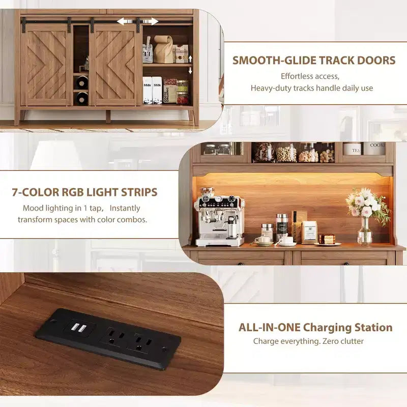 Mobile dispensa da cucina alto 183 cm, Credenza indipendente con ante scorrevoli a fienile e 2 cassetti, Mobile bar in legno per soggiorno e cucina
