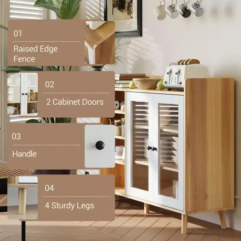 Credenza da cucina rustica da 55", credenza con cassetti - Credenza da cucina con ante in vetro e ripiani regolabili