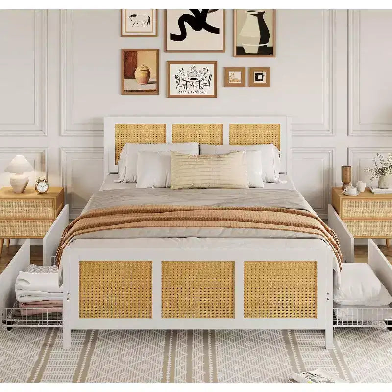 Struttura Letto King Size con Testiera, Letto a Piattaforma in Rattan Bohemien con Cassetti Contenitori e Illuminazione a LED, Sistema di Supporto Completo