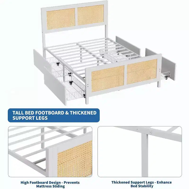 Struttura Letto King Size con Testiera, Letto a Piattaforma in Rattan Bohemien con Cassetti Contenitori e Illuminazione a LED, Sistema di Supporto Completo