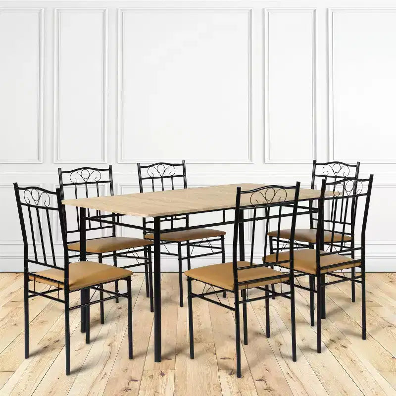 Tavolo da Pranzo per 6, Tavolo da Cucina Rettangolare con 6 Sedie in Pelle PU ad Alto Schienale, Tavolo da Pranzo Confortevole, Faggio