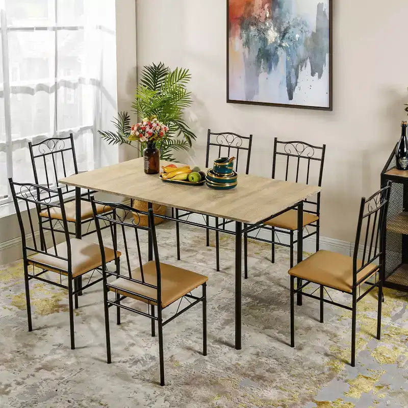Tavolo da Pranzo per 6, Tavolo da Cucina Rettangolare con 6 Sedie in Pelle PU ad Alto Schienale, Tavolo da Pranzo Confortevole, Faggio