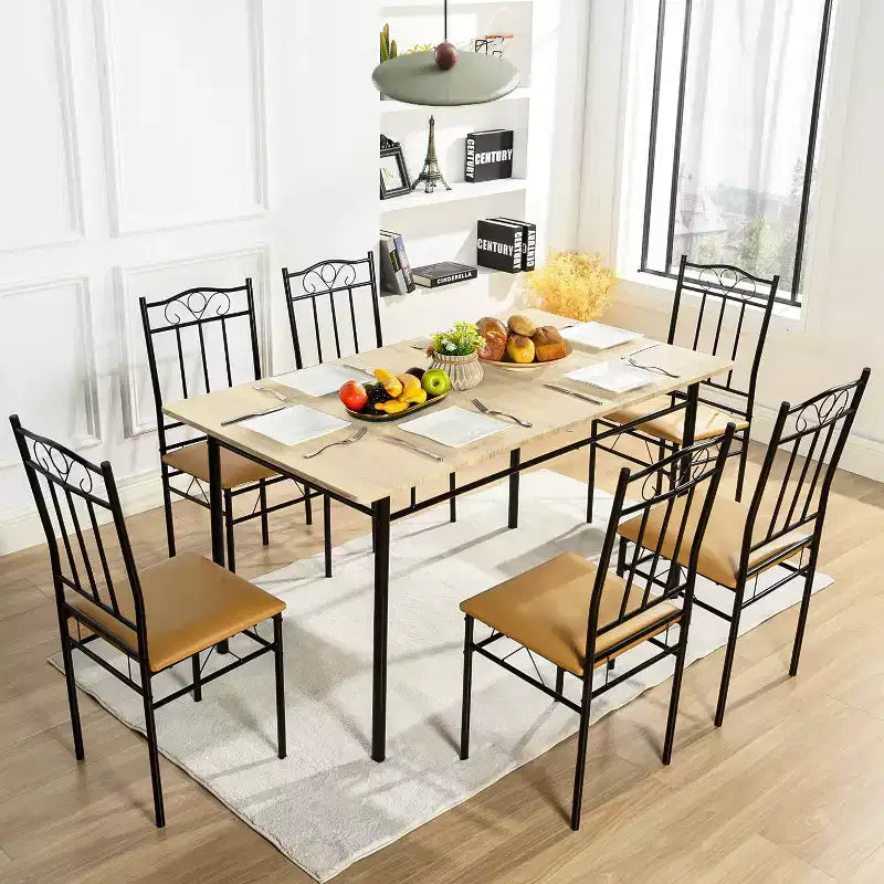 Tavolo da Pranzo per 6, Tavolo da Cucina Rettangolare con 6 Sedie in Pelle PU ad Alto Schienale, Tavolo da Pranzo Confortevole, Faggio