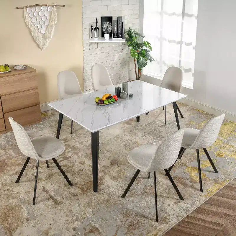 Tavolo da Pranzo per 4-6 Persone con Robusto Piano Ispessito con Stampa Effetto Marmo e Gambe in Acciaio, Tavolo Funzionale per Cucina, Bianco