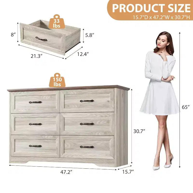 Cassettiera in legno a 6 cassetti per camera da letto con ampie maniglie in metallo, comò moderno stile rustico, organizer contenitore per camera da letto e soggiorno