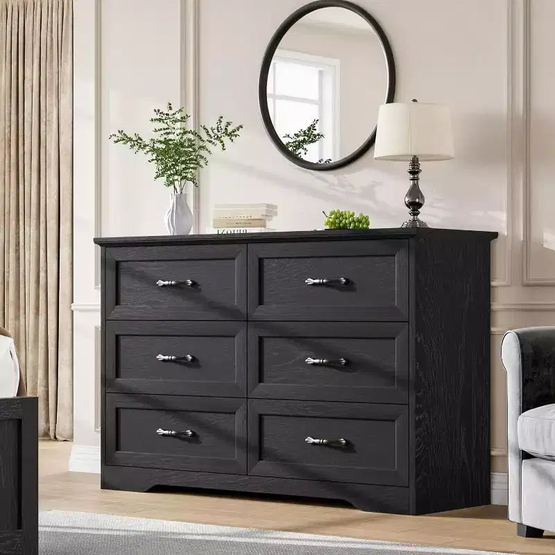 Cassettiera in legno a 6 cassetti per camera da letto con ampie maniglie in metallo, comò moderno stile rustico, organizer contenitore per camera da letto e soggiorno