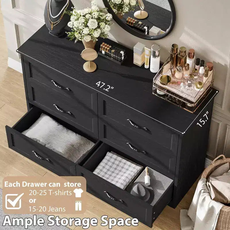 Cassettiera in legno a 6 cassetti per camera da letto con ampie maniglie in metallo, comò moderno stile rustico, organizer contenitore per camera da letto e soggiorno