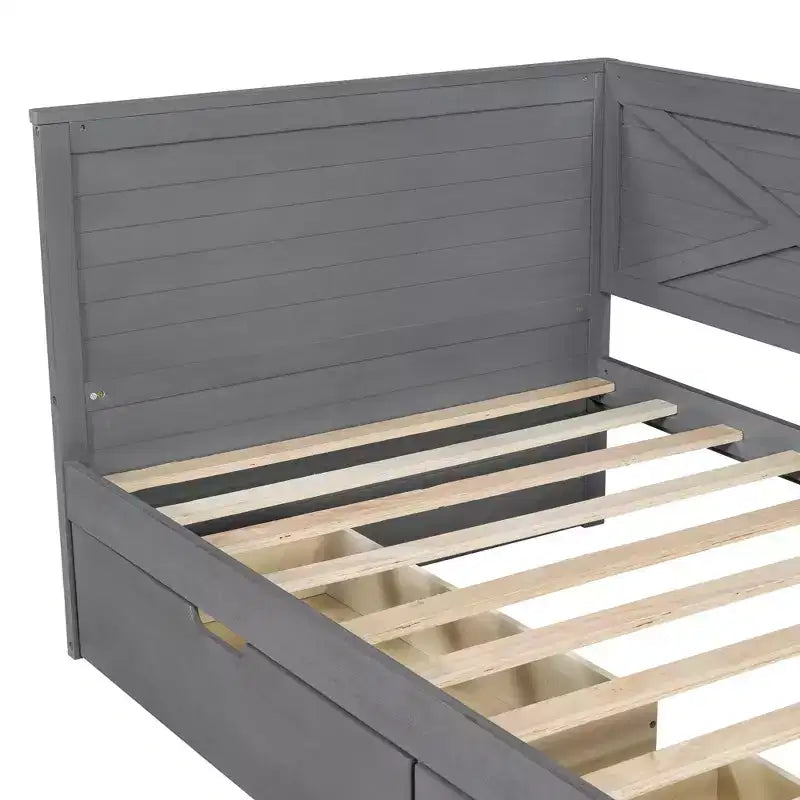 Struttura per divano letto singolo con cassetti contenitore, divano letto angolare a L in stile rustico per camera da letto, grigio