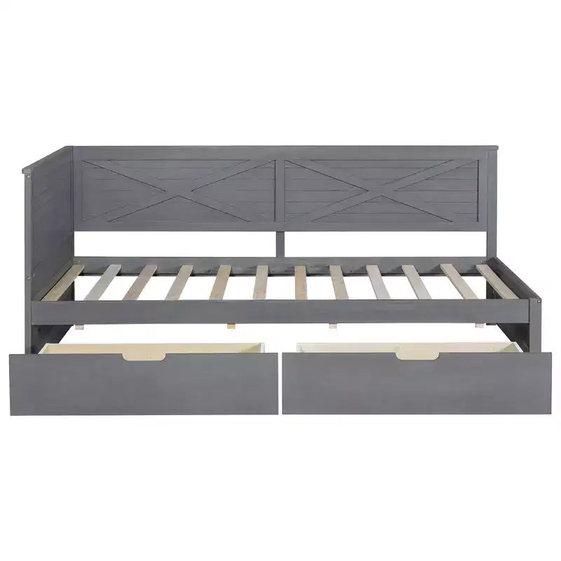 Struttura per divano letto singolo con cassetti contenitore, divano letto angolare a L in stile rustico per camera da letto, grigio