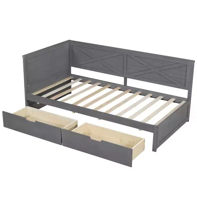 Struttura per divano letto singolo con cassetti contenitore, divano letto angolare a L in stile rustico per camera da letto, grigio