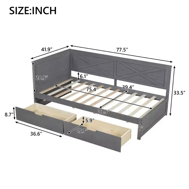 Struttura per divano letto singolo con cassetti contenitore, divano letto angolare a L in stile rustico per camera da letto, grigio
