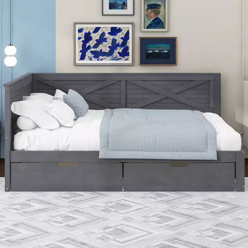 Struttura per divano letto singolo con cassetti contenitore, divano letto angolare a L in stile rustico per camera da letto, grigio