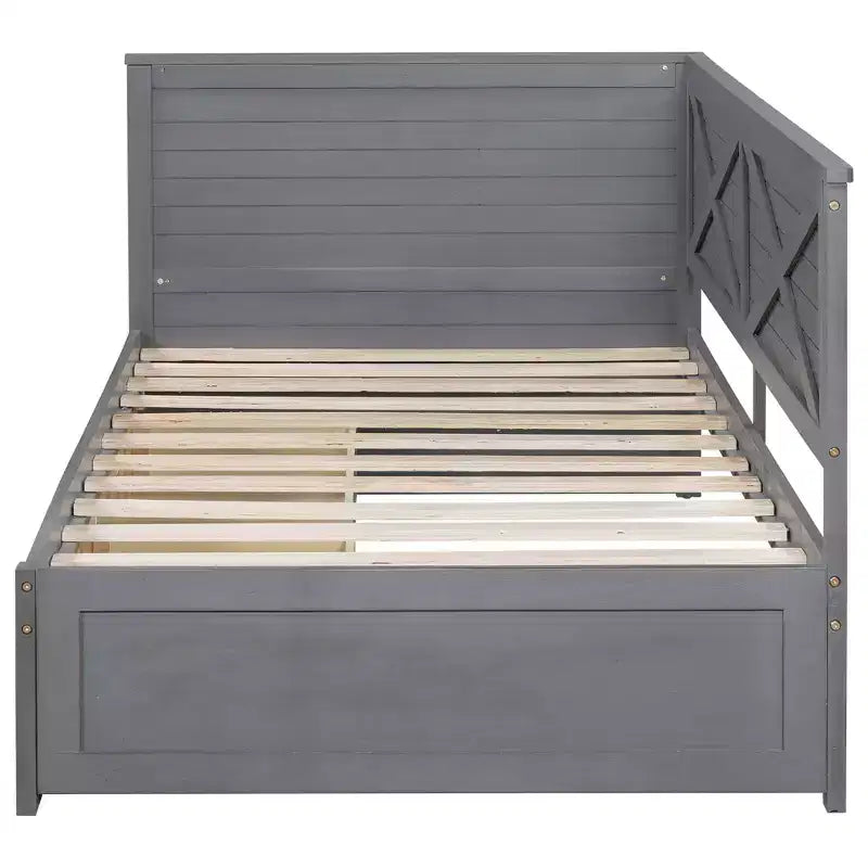 Struttura per divano letto singolo con cassetti contenitore, divano letto angolare a L in stile rustico per camera da letto, grigio