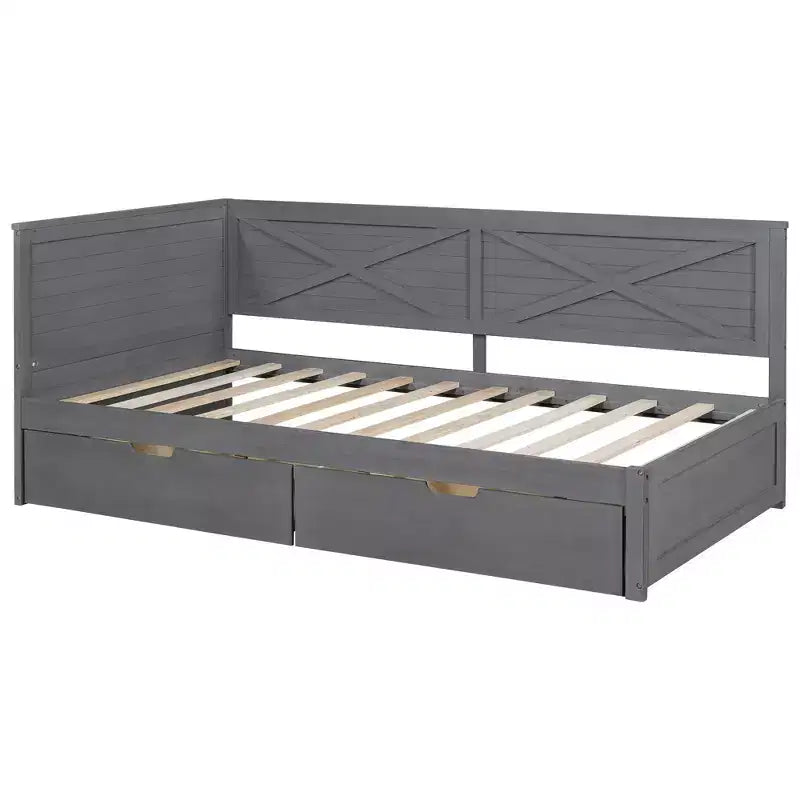 Struttura per divano letto singolo con cassetti contenitore, divano letto angolare a L in stile rustico per camera da letto, grigio