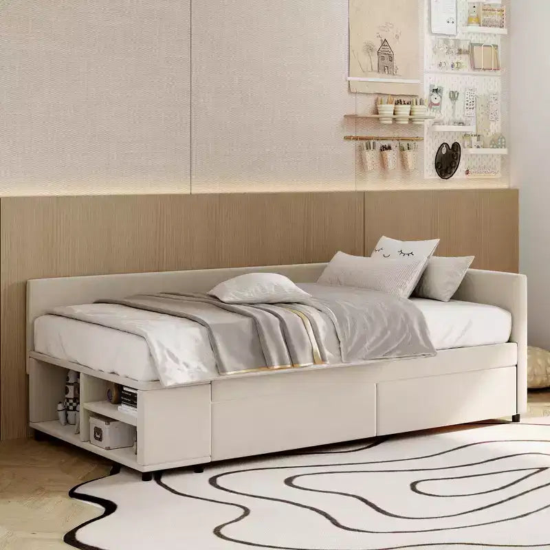 Letto a Piattaforma a L una Piazza con Contenitore Avvolgente e Cassetti, Costruzione Robusta e Durevole