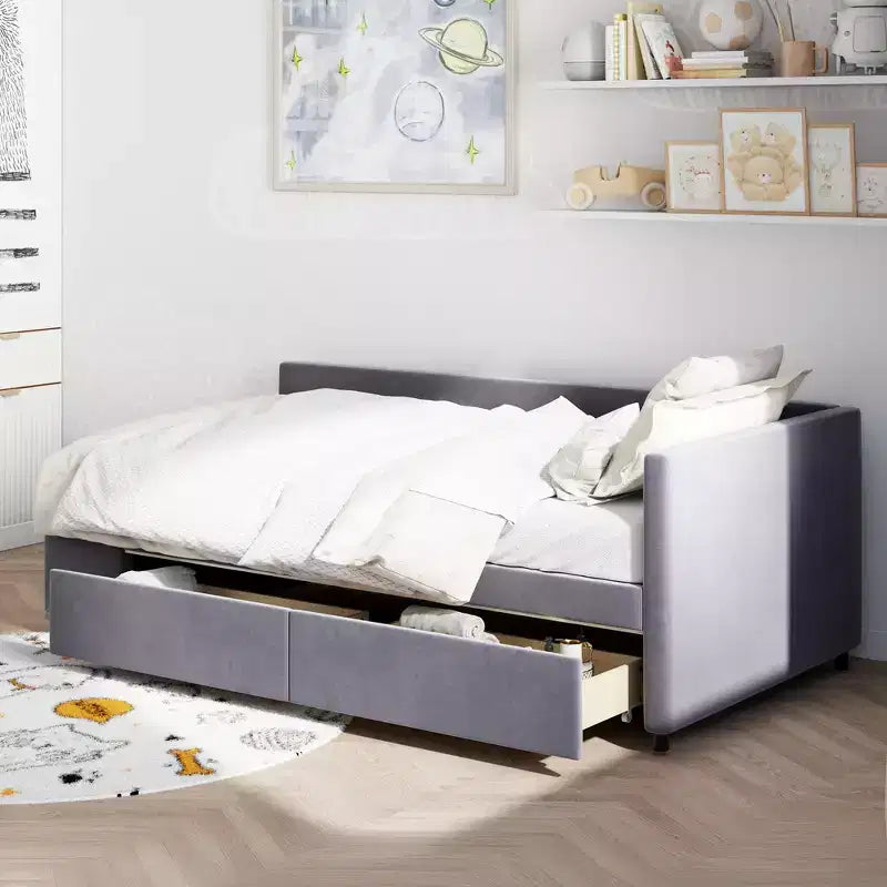 Letto a Piattaforma a L una Piazza con Contenitore Avvolgente e Cassetti, Costruzione Robusta e Durevole