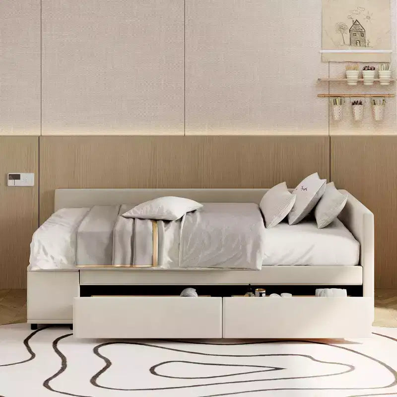 Letto a Piattaforma a L una Piazza con Contenitore Avvolgente e Cassetti, Costruzione Robusta e Durevole