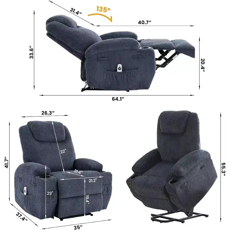 Poltrona Reclinabile Power Lift, Poltrona Elevabile con Massaggio e Calore, Poltrone Reclinabili Elettriche Regolabili in Velluto a Coste con 2 Portabicchieri e Funzione di Aiuto per Alzarsi
