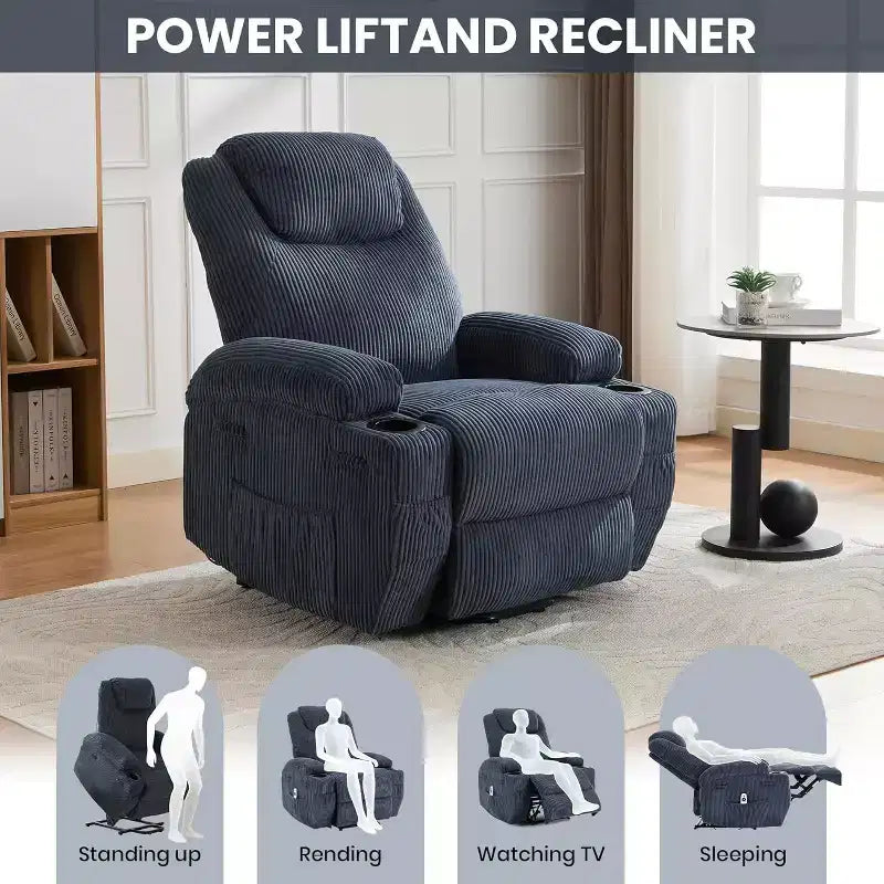 Poltrona Reclinabile Power Lift, Poltrona Elevabile con Massaggio e Calore, Poltrone Reclinabili Elettriche Regolabili in Velluto a Coste con 2 Portabicchieri e Funzione di Aiuto per Alzarsi