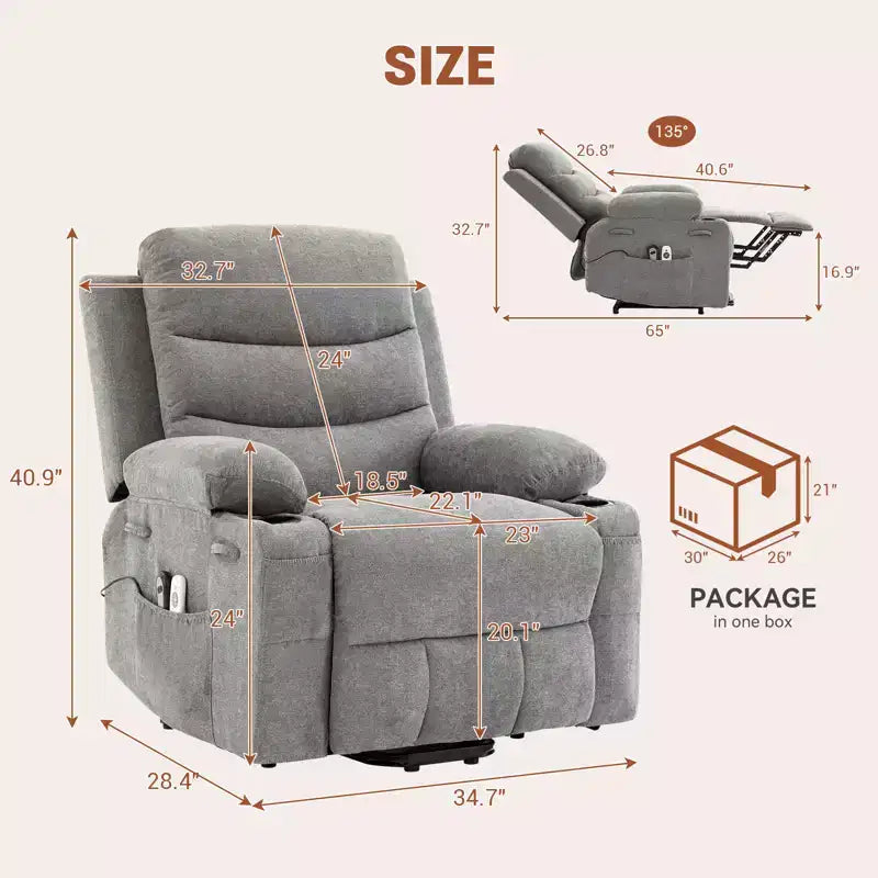 Poltrona reclinabile elevabile con massaggio e riscaldamento, poltrona reclinabile elettrica oversize, sedile home theater con 2 portabicchieri laterali, poltrona reclinabile singola a dondolo