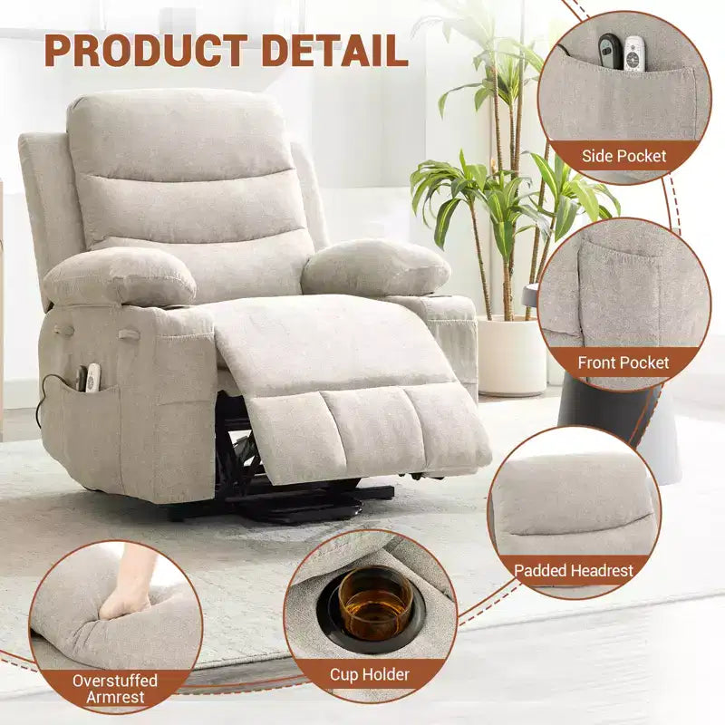 Poltrona reclinabile elevabile con massaggio e riscaldamento, poltrona reclinabile elettrica oversize, sedile home theater con 2 portabicchieri laterali, poltrona reclinabile singola a dondolo