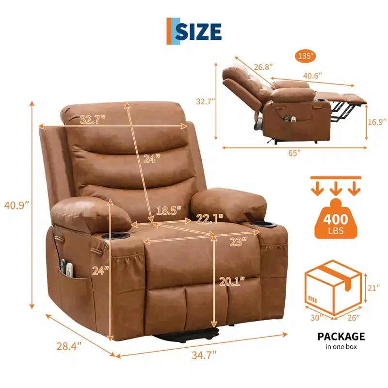 Poltrona reclinabile elevabile con massaggio e riscaldamento, poltrona reclinabile elettrica oversize, sedile home theater con 2 portabicchieri laterali, poltrona reclinabile singola a dondolo