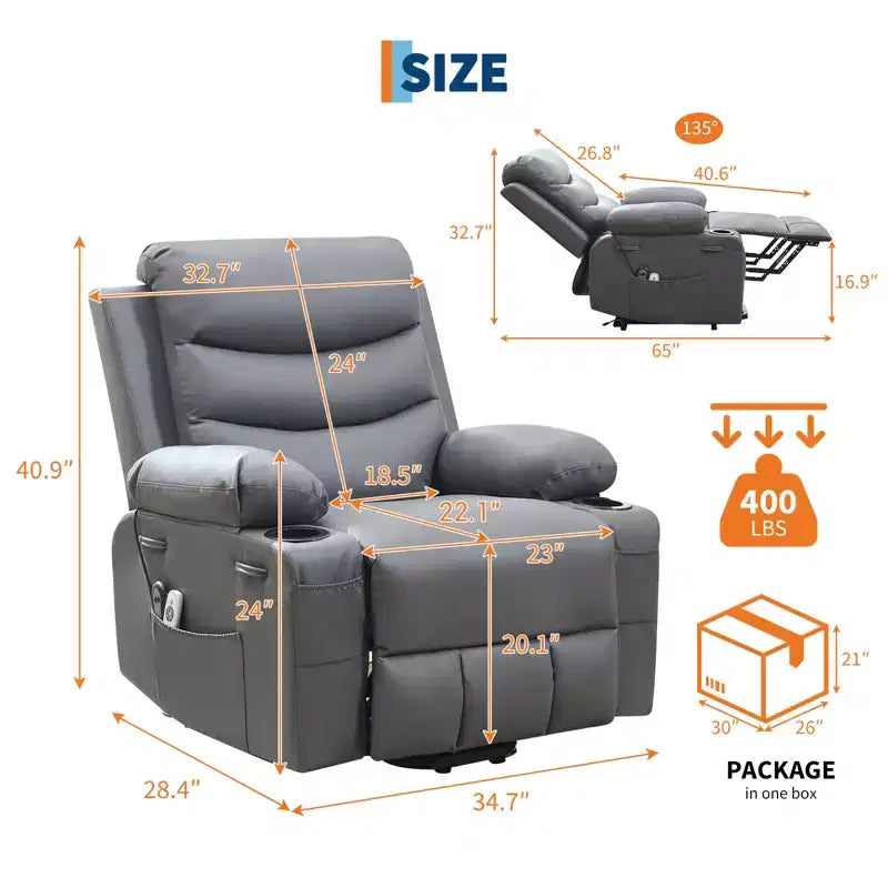 Poltrona reclinabile elevabile con massaggio e riscaldamento, poltrona reclinabile elettrica oversize, sedile home theater con 2 portabicchieri laterali, poltrona reclinabile singola a dondolo