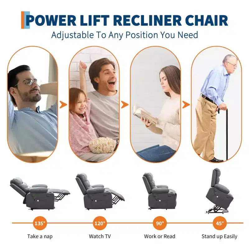 Poltrona reclinabile elevabile con massaggio e riscaldamento, poltrona reclinabile elettrica oversize, sedile home theater con 2 portabicchieri laterali, poltrona reclinabile singola a dondolo