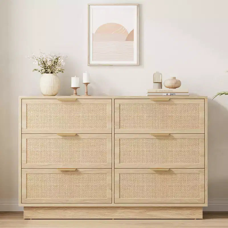 Cassettiera a 6 cassetti in rattan, larga 120 cm, rovere naturale, con maniglie in metallo e base robusta in legno per camera da letto, soggiorno, cameretta