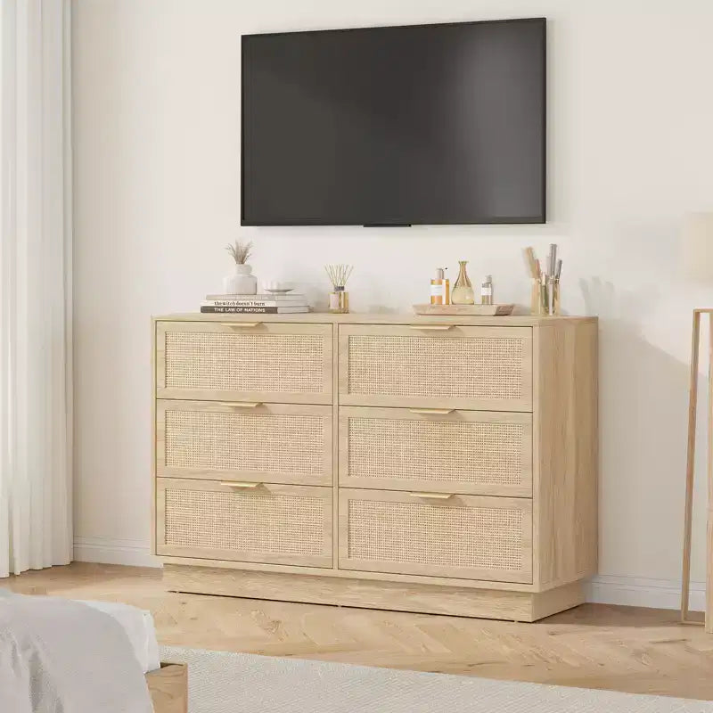 Cassettiera a 6 cassetti in rattan, larga 120 cm, rovere naturale, con maniglie in metallo e base robusta in legno per camera da letto, soggiorno, cameretta