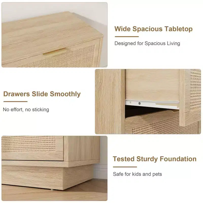 Cassettiera a 6 cassetti in rattan, larga 120 cm, rovere naturale, con maniglie in metallo e base robusta in legno per camera da letto, soggiorno, cameretta