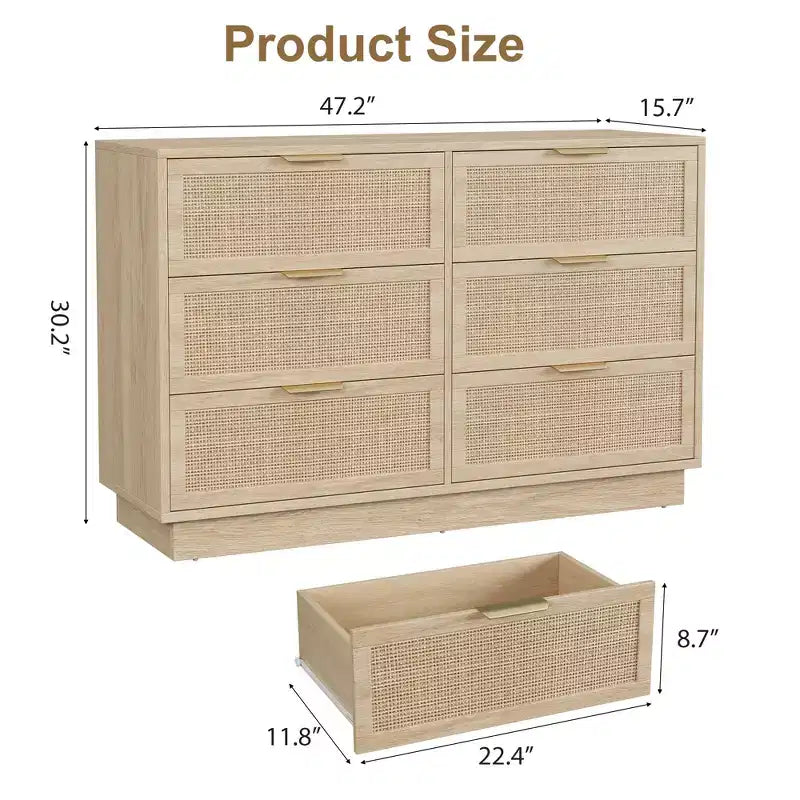 Cassettiera a 6 cassetti in rattan, larga 120 cm, rovere naturale, con maniglie in metallo e base robusta in legno per camera da letto, soggiorno, cameretta