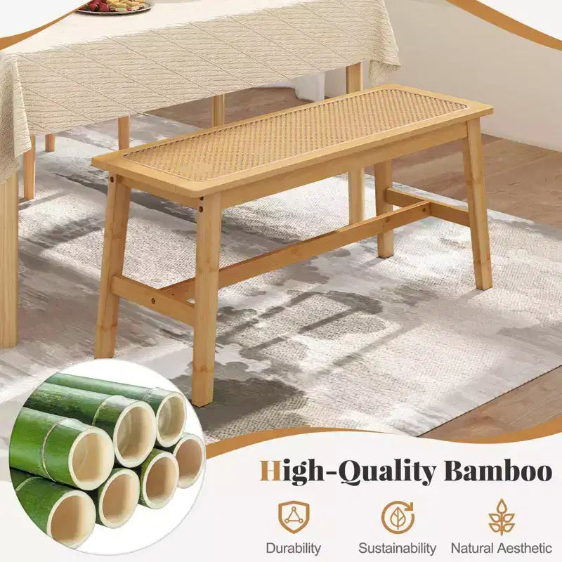 Panca da pranzo in bambù da 39,5" con seduta in rattan intrecciato a mano, panca da ingresso in legno