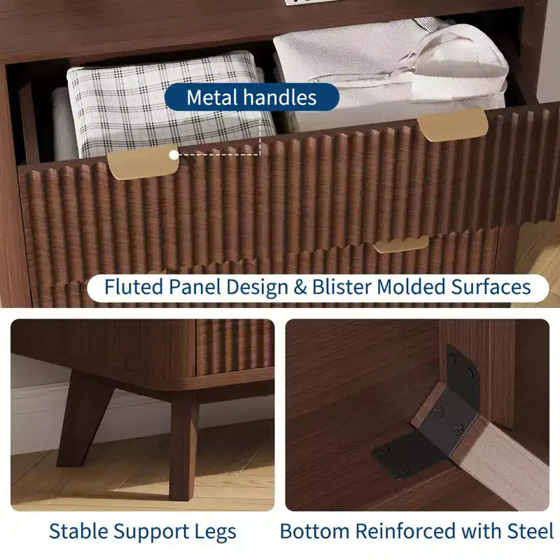 Comodino da fattoria scanalato da 32'', moderno comodino a 3 cassetti con maniglia dorata, tavolino con pannelli ondulati