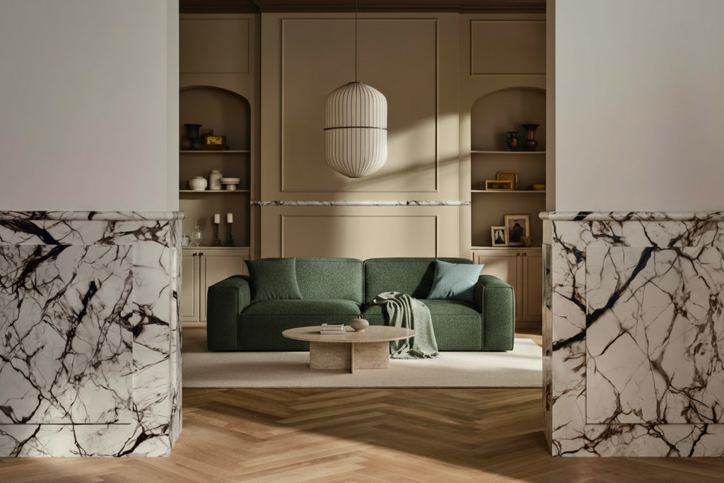 Divano in pile Teddy, divano comodo con seduta profonda, divano moderno con braccioli larghi, rivestimento rimovibile