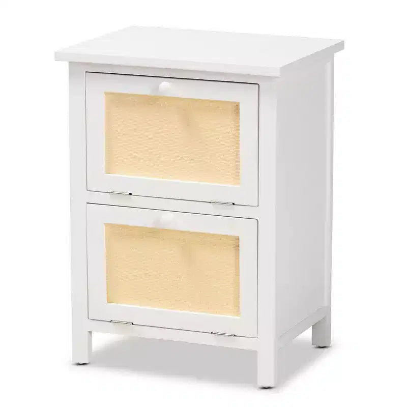 Comodino 2 ante in legno di rattan bianco