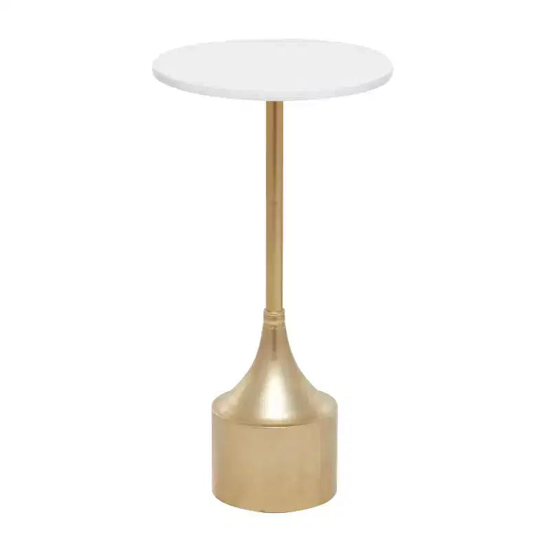 Tavolino d'appoggio contemporaneo con piedistallo in metallo e marmo, color oro