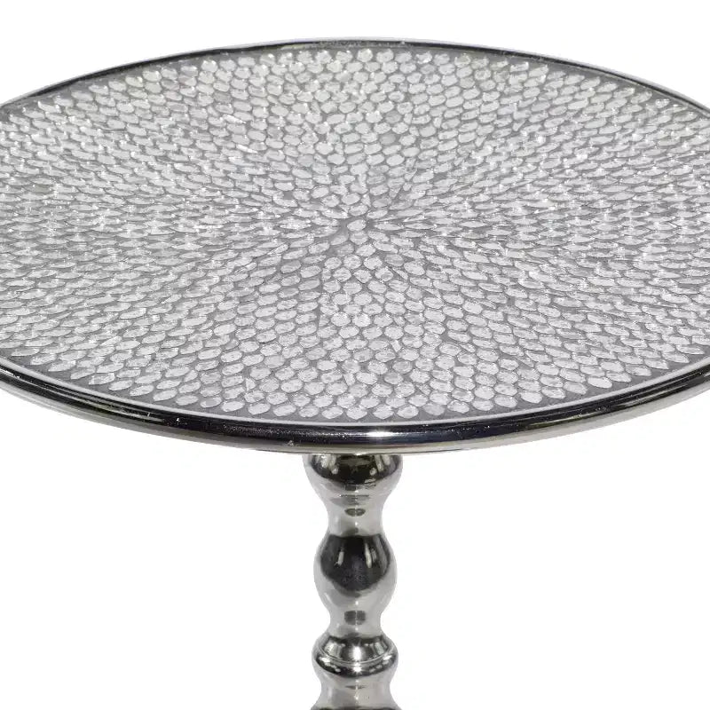 Tavolino Glam in Alluminio Piedistallo Argento: Accento Lusso Rotondo, 50,8 cm Altezza, Piano in Metallo, 39,6 cm Larghezza