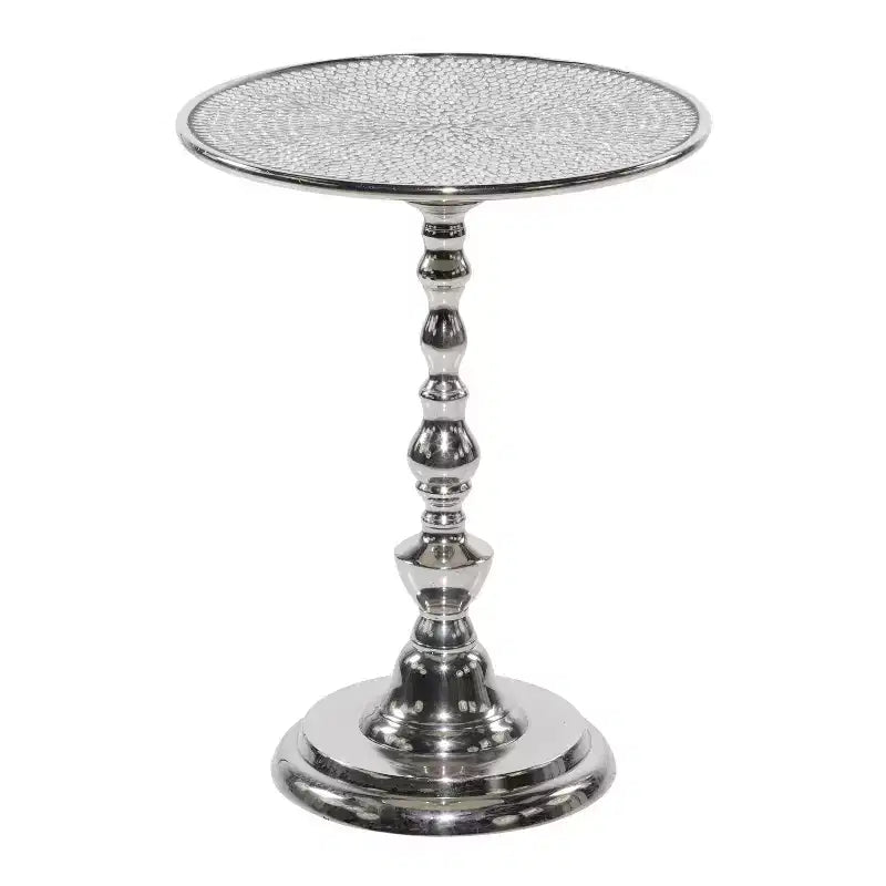 Tavolino Glam in Alluminio Piedistallo Argento: Accento Lusso Rotondo, 50,8 cm Altezza, Piano in Metallo, 39,6 cm Larghezza