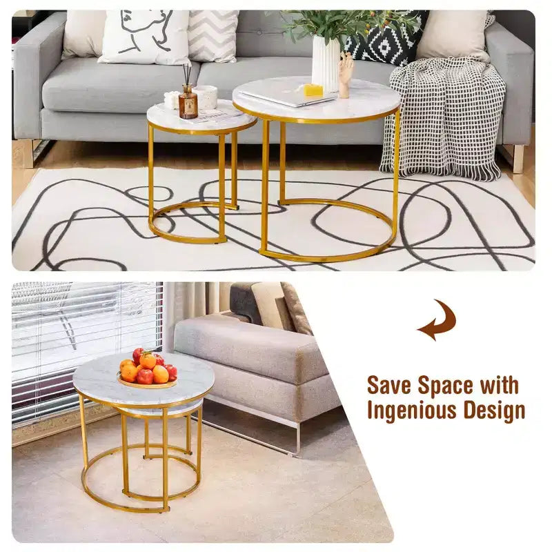 Tavolino a nido per balcone/soggiorno, tavolino rotondo moderno marrone rustico/marrone/oro