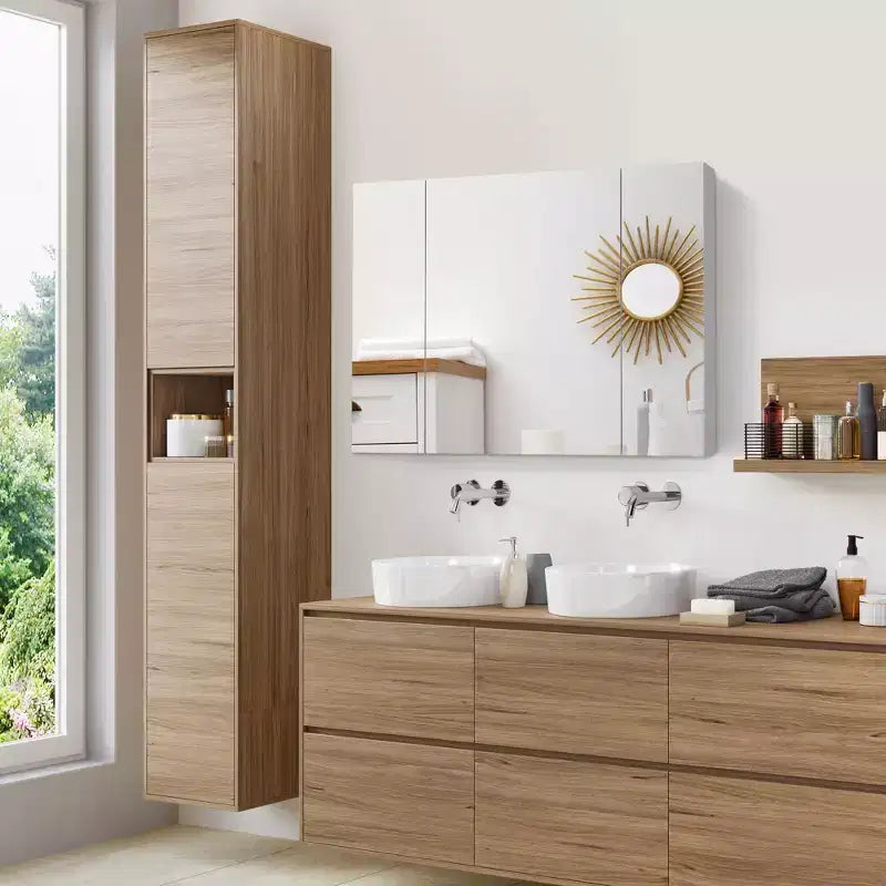 Pensile portamedicine a LED, specchio da bagno montato a parete con interruttore touch dimmerabile, tre ante e ricarica USB, bianco