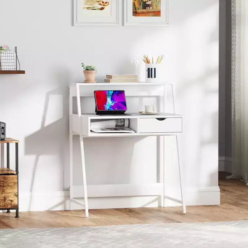Scrivania da ufficio, Scrivania per computer per piccoli spazi, Tavolo da scrittura con cassetto e ripiani portaoggetti