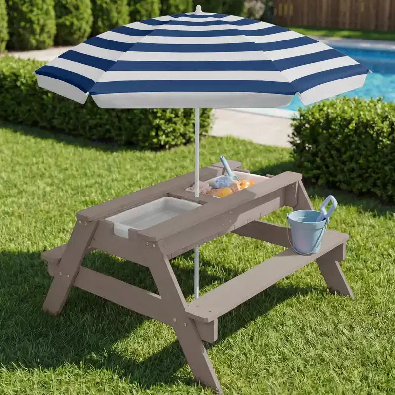 Tavolo da picnic 3 in 1 per bambini per attività con sabbia e acqua con ombrellone