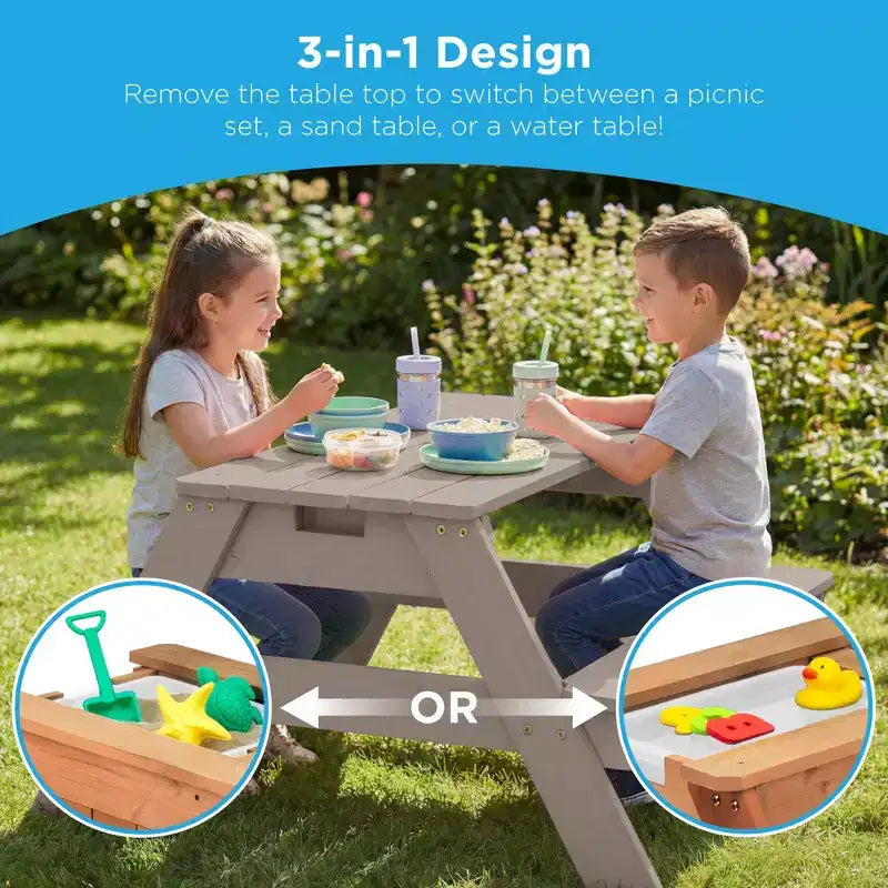 Tavolo da picnic 3 in 1 per bambini per attività con sabbia e acqua con ombrellone