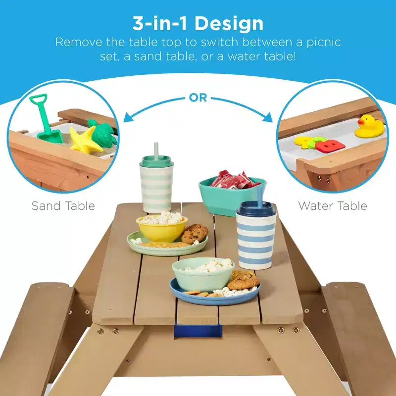 Tavolo da picnic 3 in 1 per bambini per attività con sabbia e acqua con ombrellone