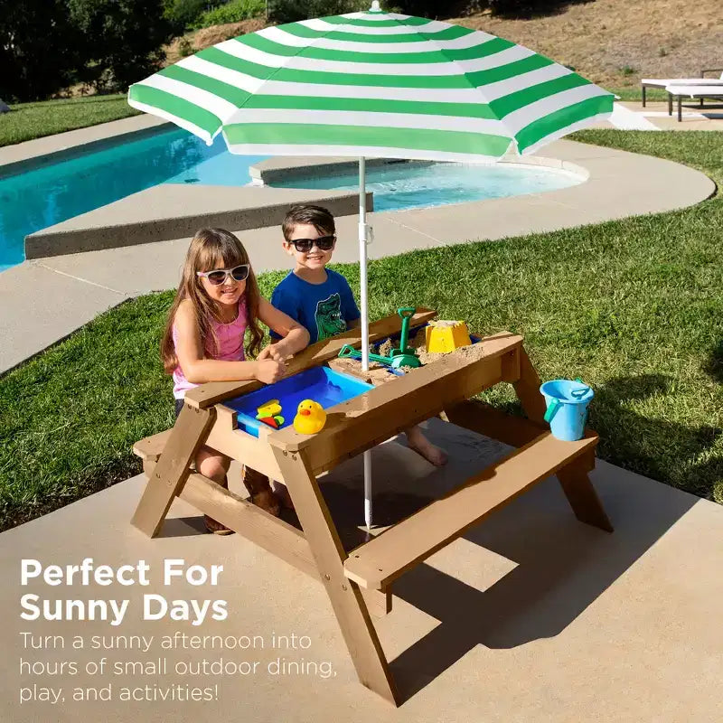 Tavolo da picnic 3 in 1 per bambini per attività con sabbia e acqua con ombrellone