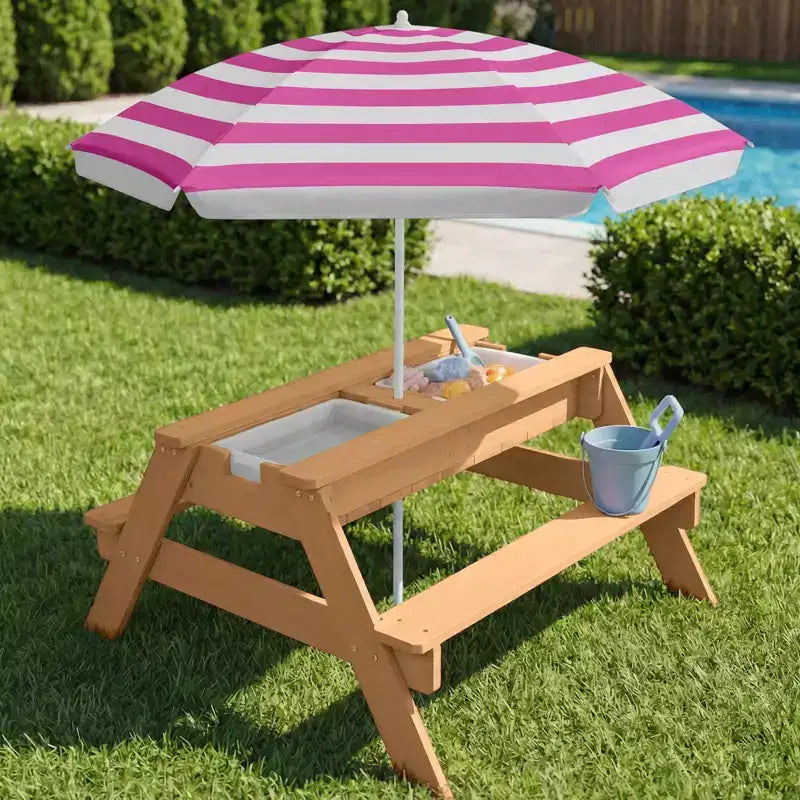 Tavolo da picnic 3 in 1 per bambini per attività con sabbia e acqua con ombrellone